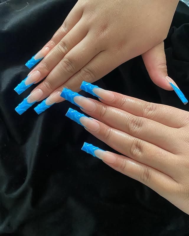 13. Electric Blue 3D French Tip Long Square Nails - long square nail ideas