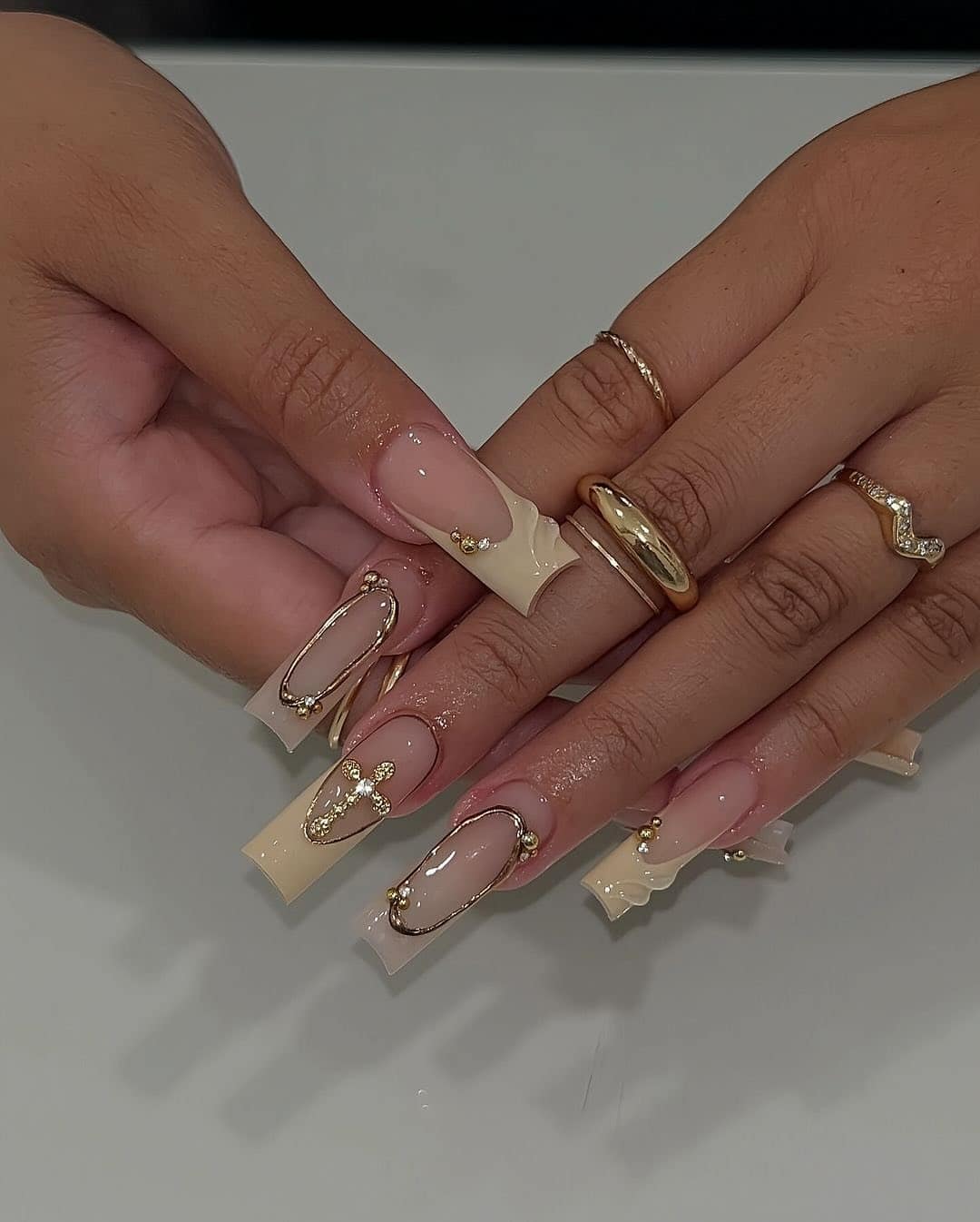 14. Cream and Gold Embellished Long Square Nails - long square nail ideas