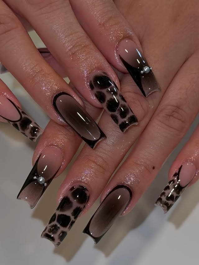 15. Black and Brown Leopard Print Long Square Nails - long square nail ideas