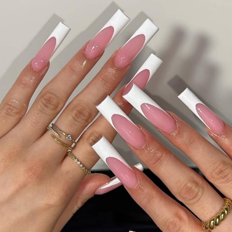 16. Classic Pink and White Deep French Long Square Nails - long square nail ideas