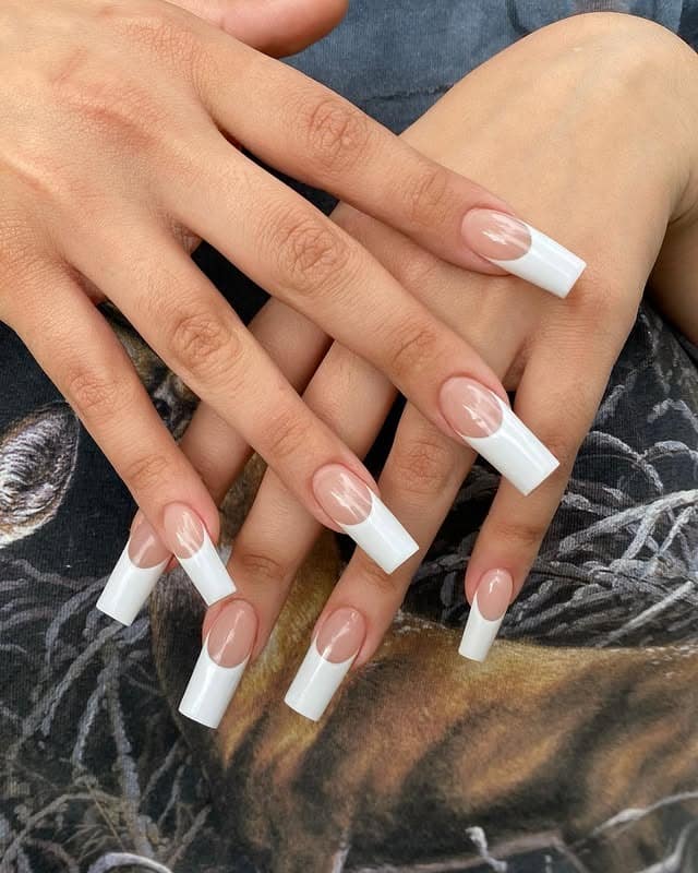 17. Milky Pink and White French Long Square Nails - long square nail ideas