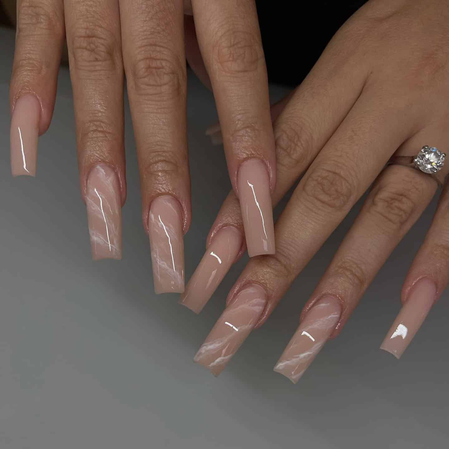 19. Nude Pink Marble Long Square Nails - long square nail ideas