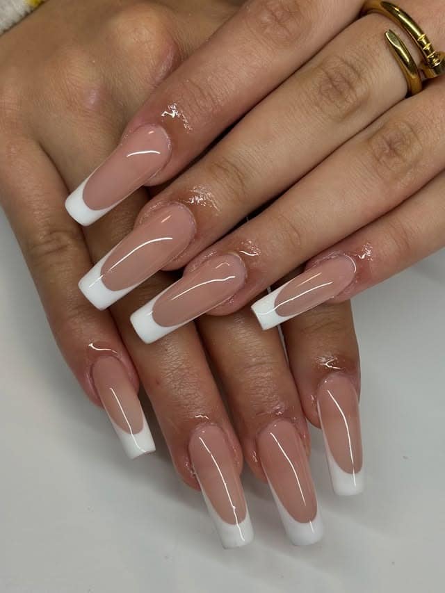 20. Nude Pink and White French Tip Long Square Nails - long square nail ideas