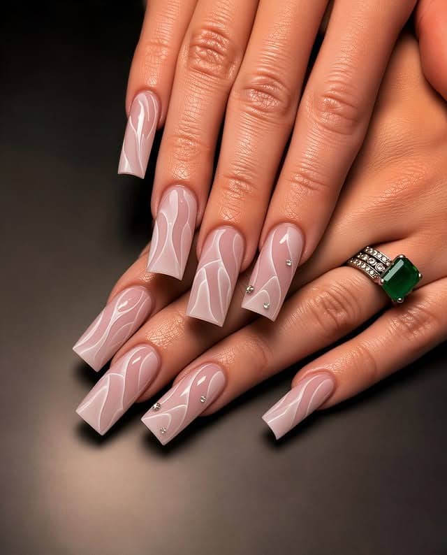21. Blush Pink Swirl Long Square Nails with Rhinestones - long square nail ideas