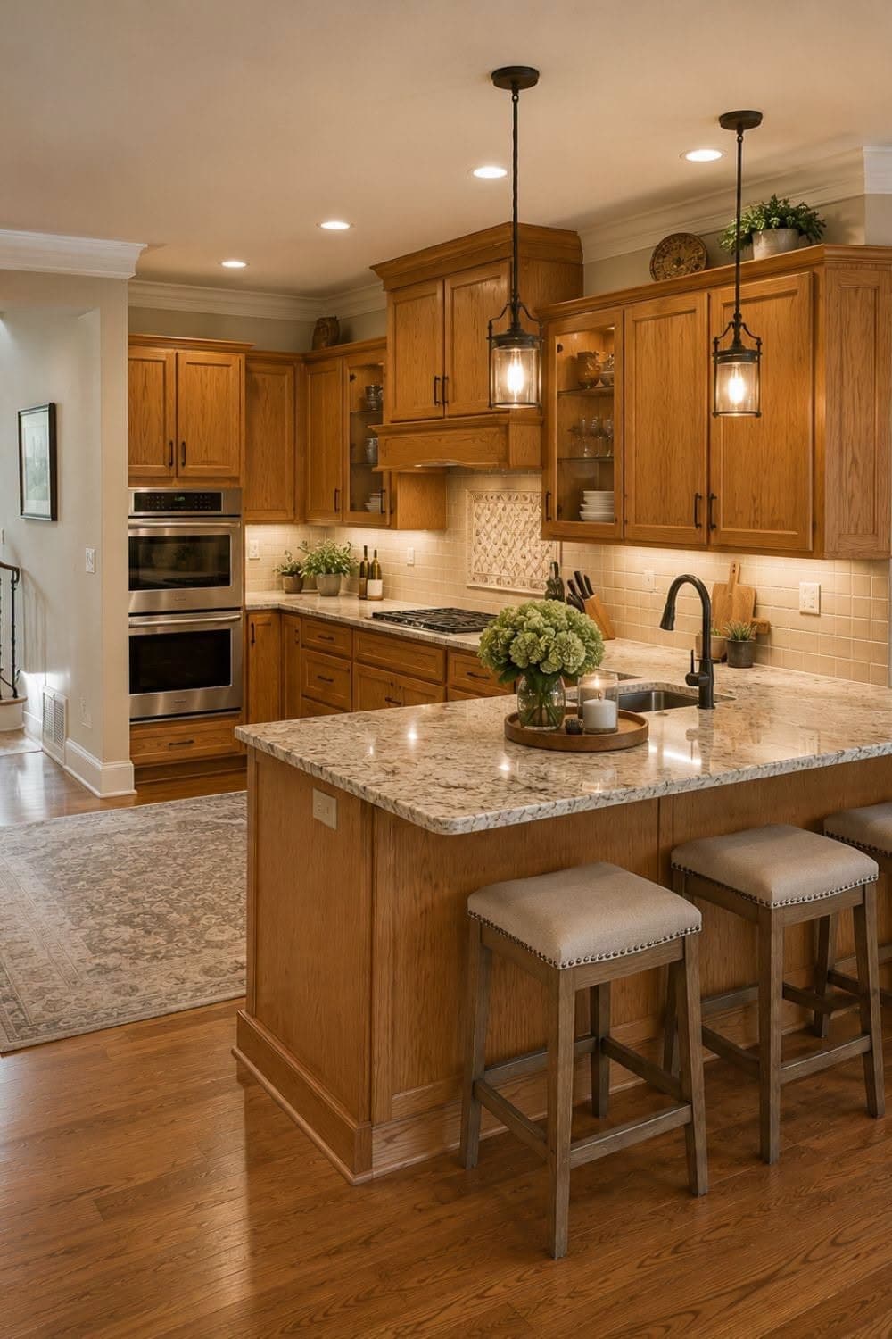 1. Warm Honey Oak Kitchen with Cream Granite Countertops - natural kitchen ideas