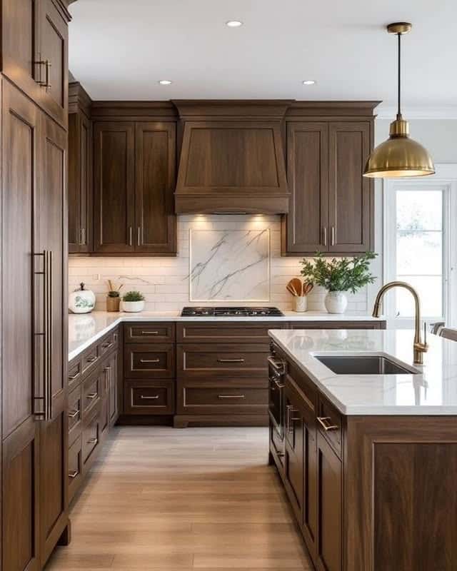 4. Rich Walnut Brown Kitchen with White Marble Accents - natural kitchen ideas