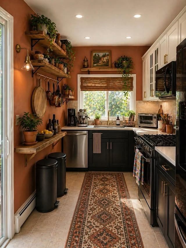 5. Earthy Terracotta Kitchen with Black Cabinets and Wood Shelves - natural kitchen ideas