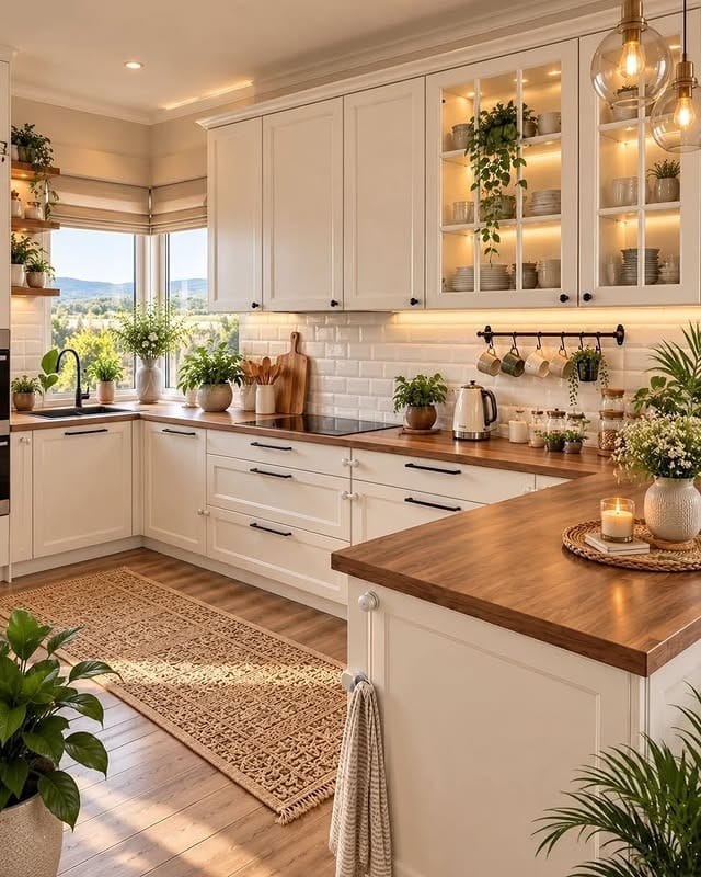 7. Cream White Kitchen with Warm Oak Countertops and Greenery - natural kitchen ideas