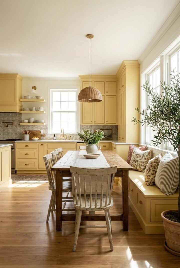 10. Butter Yellow Country Kitchen with Rustic Natural Wood Furniture - natural kitchen ideas