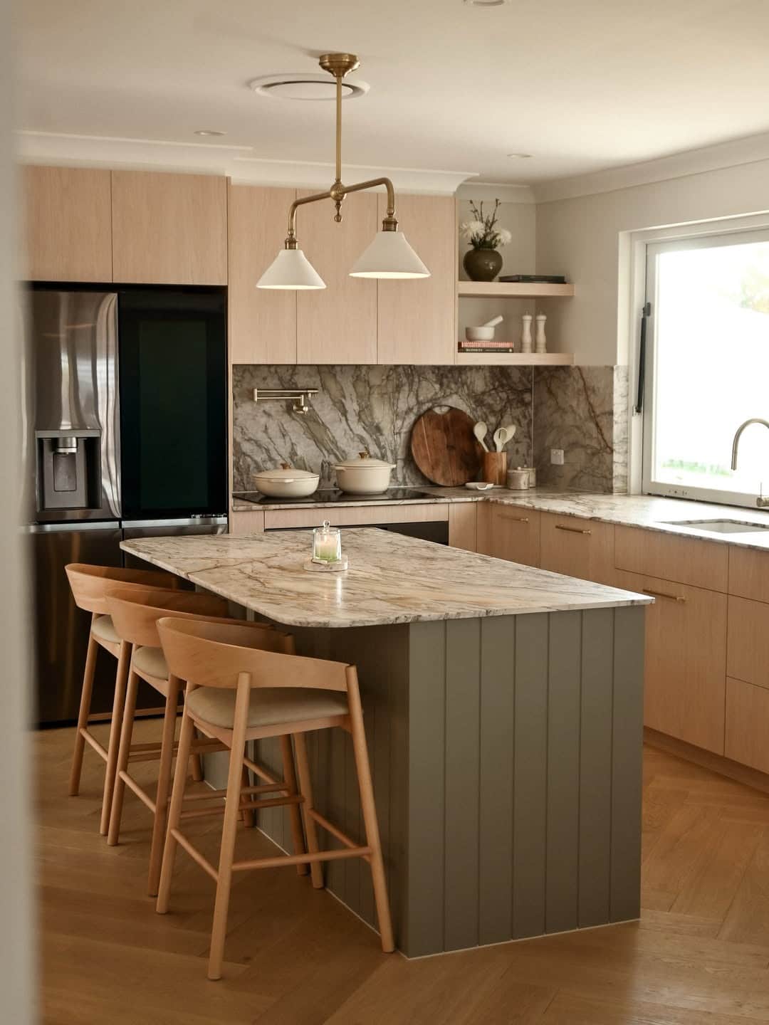 13. Light Blonde Wood Kitchen with Sage Gray Island - natural kitchen ideas