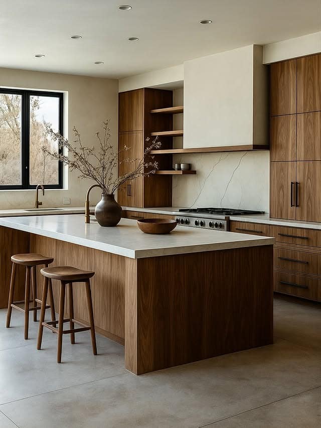14. Modern Walnut Kitchen with Cream Stone Countertops - natural kitchen ideas