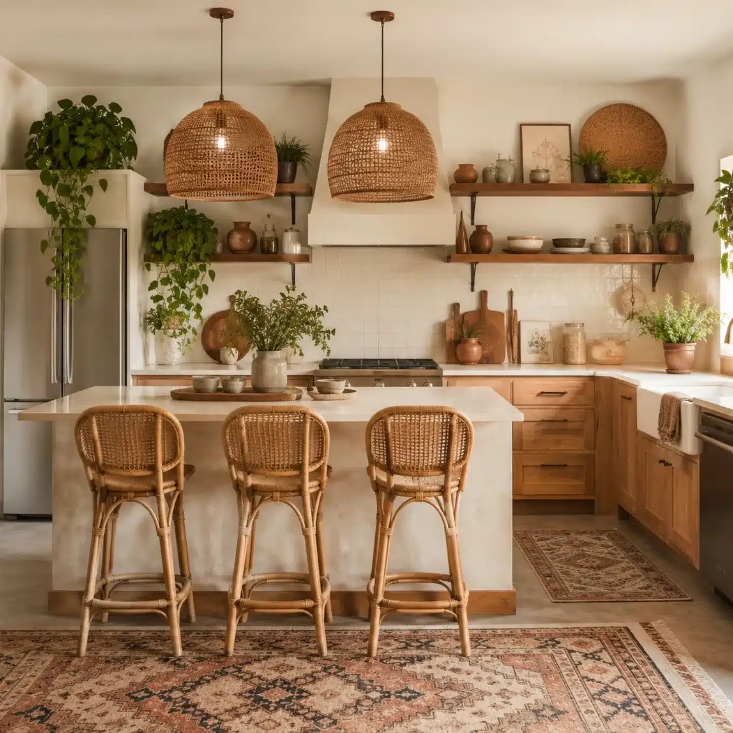 15. Earthy Beige Kitchen with Natural Rattan and Wood Accents - natural kitchen ideas
