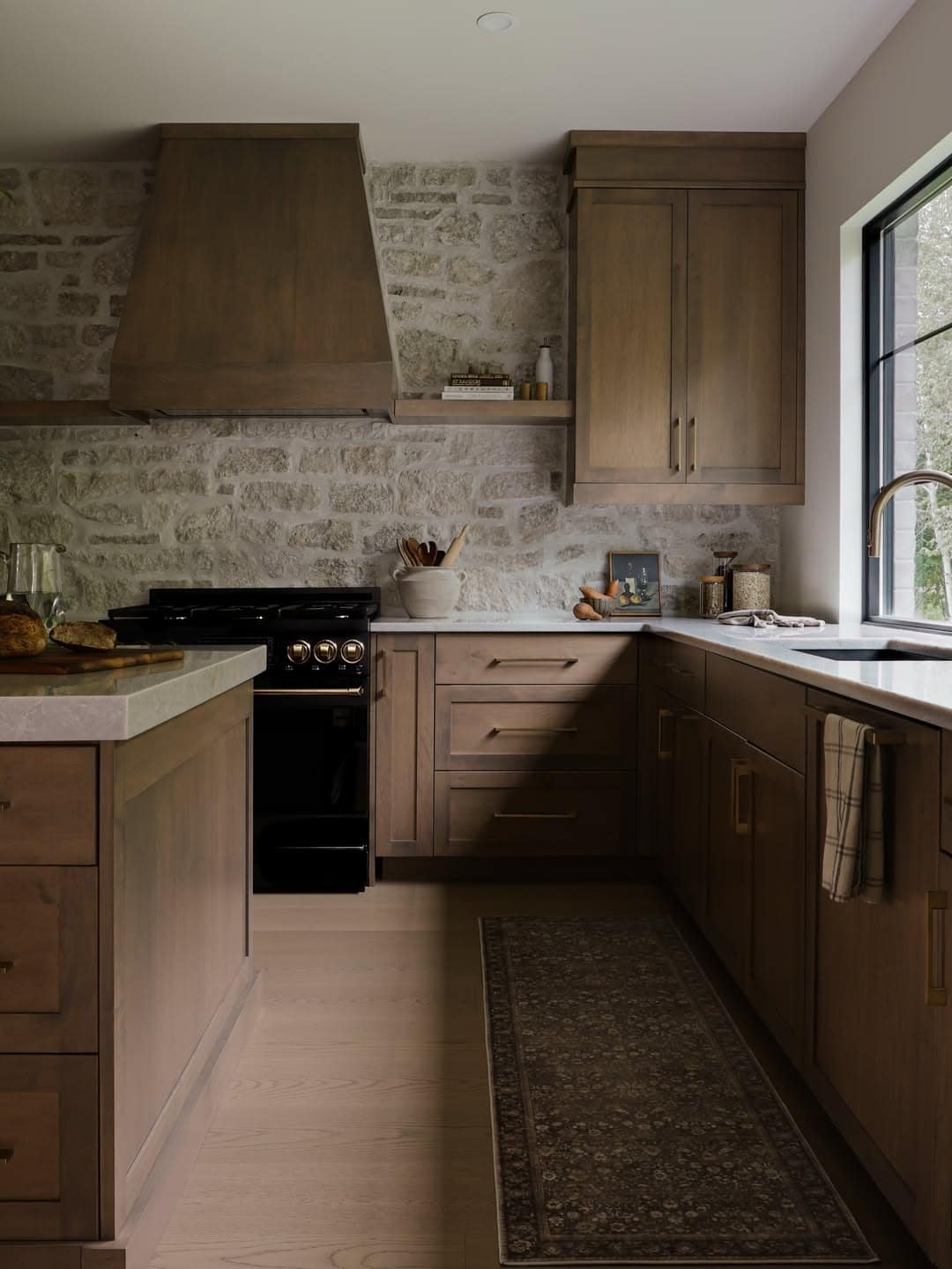 16. Rustic Taupe Brown Kitchen with Natural Stone Walls - natural kitchen ideas