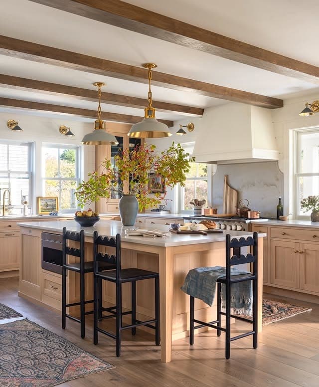 18. Warm Beige Wood Kitchen with Exposed Oak Ceiling Beams - natural kitchen ideas