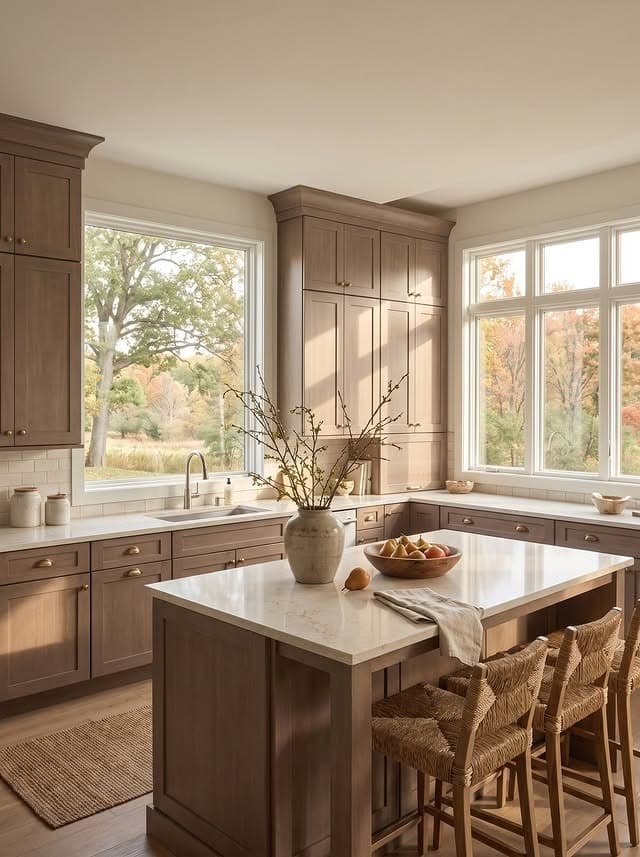20. Warm Greige Kitchen with White Quartz Island and Woven Bar Stools - natural kitchen ideas
