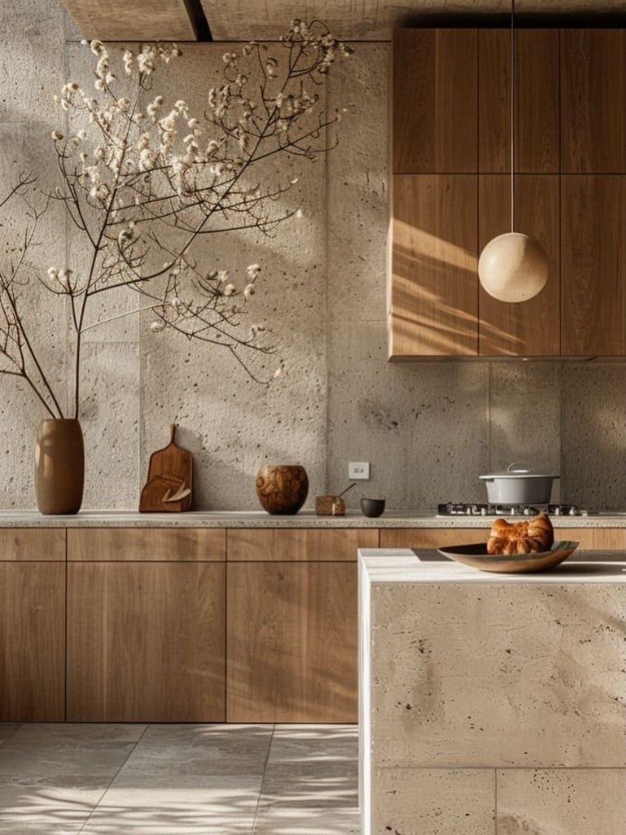 21. Minimalist Natural Oak Kitchen with Beige Stone Walls - natural kitchen ideas