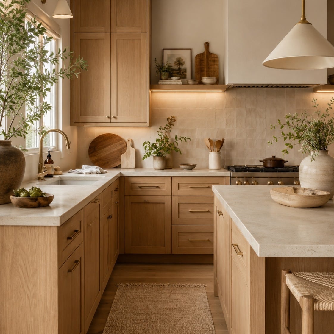 22. Warm Natural Oak Kitchen with Cream Countertops and Brass Accents - natural kitchen ideas