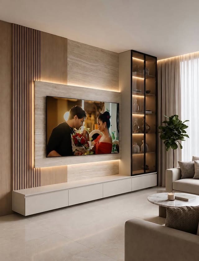 6. Contemporary Taupe Entertainment Center with Wood Slat Accents - living room entertainment center ideas
