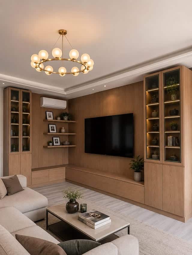 8. Warm Oak Entertainment Center with Symmetrical Display Cabinets - living room entertainment center ideas
