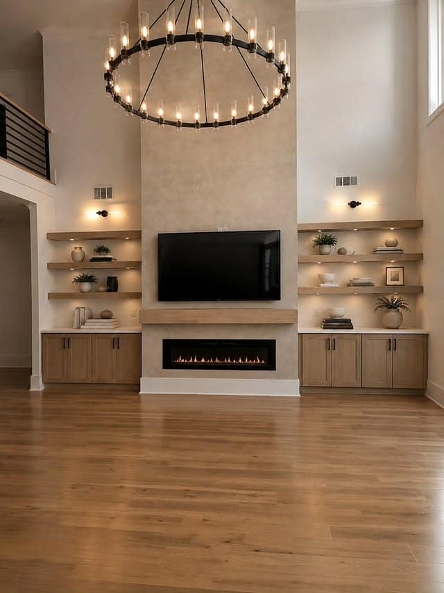 9. Grand Beige Entertainment Center with Floating Wood Shelves - living room entertainment center ideas