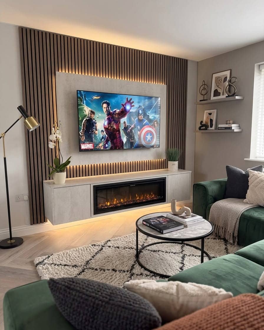 10. Modern Black and Beige Entertainment Center with Wood Slat Wall - living room entertainment center ideas