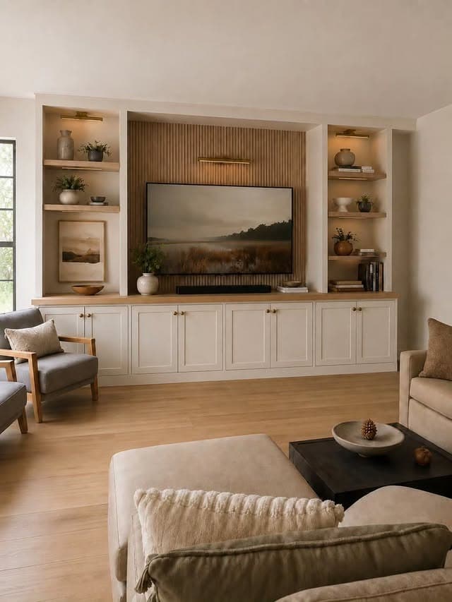 12. Classic White Entertainment Center with Natural Wood Accents - living room entertainment center ideas