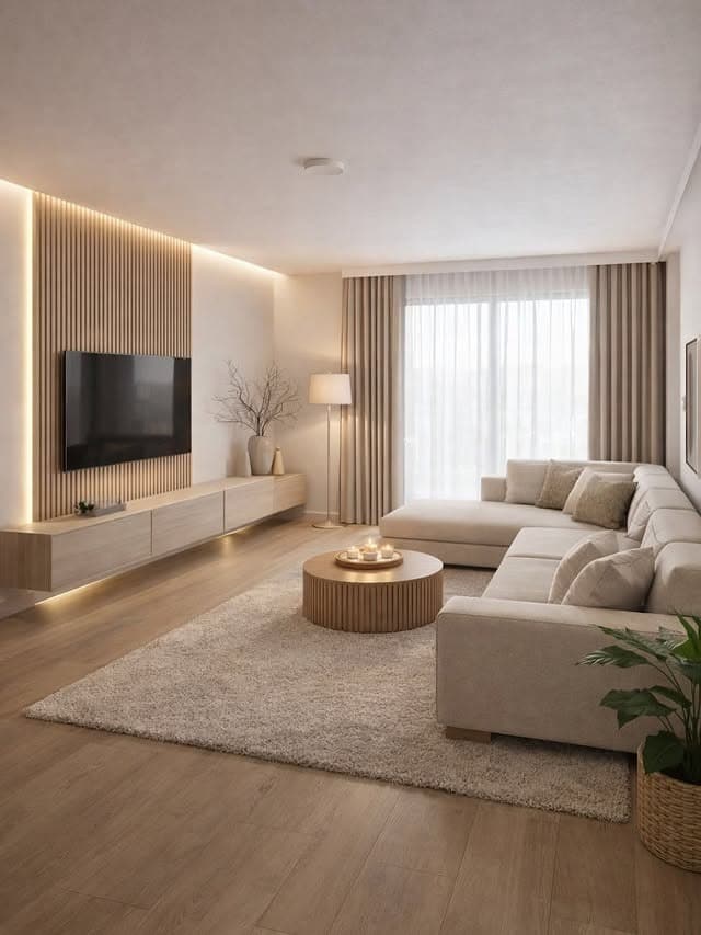 13. Scandinavian Oak Entertainment Center with Soft LED Lighting - living room entertainment center ideas