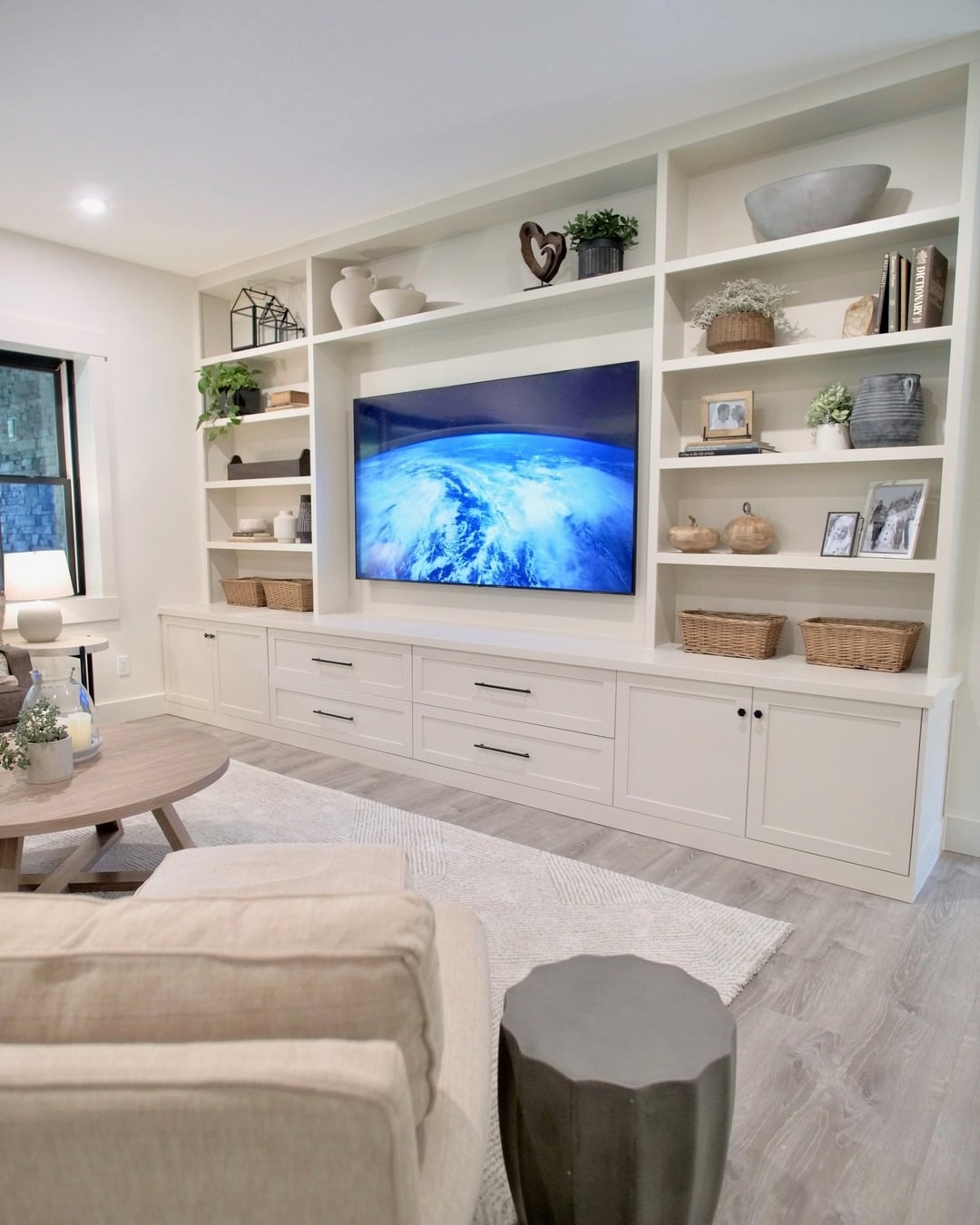 15. Farmhouse White Entertainment Center with Open Display Shelves - living room entertainment center ideas