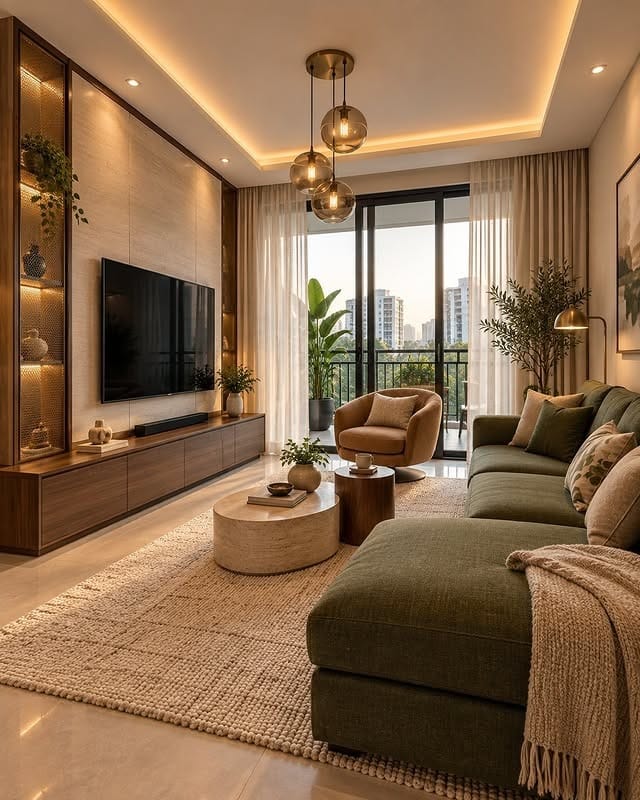 16. Luxury Walnut Brown Entertainment Center with Gold Lighting - living room entertainment center ideas