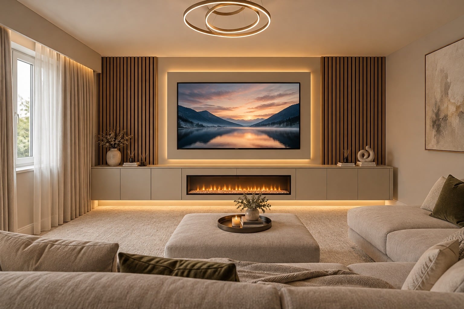 17. Contemporary Cream Entertainment Center with Wood Slat Panels - living room entertainment center ideas