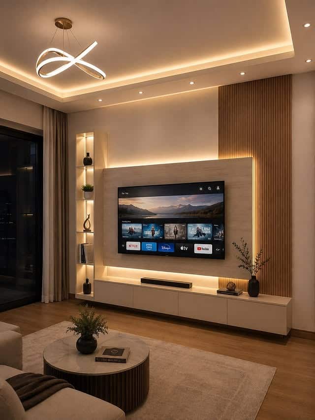 18. Modern Taupe Entertainment Center with Floating Media Cabinet - living room entertainment center ideas