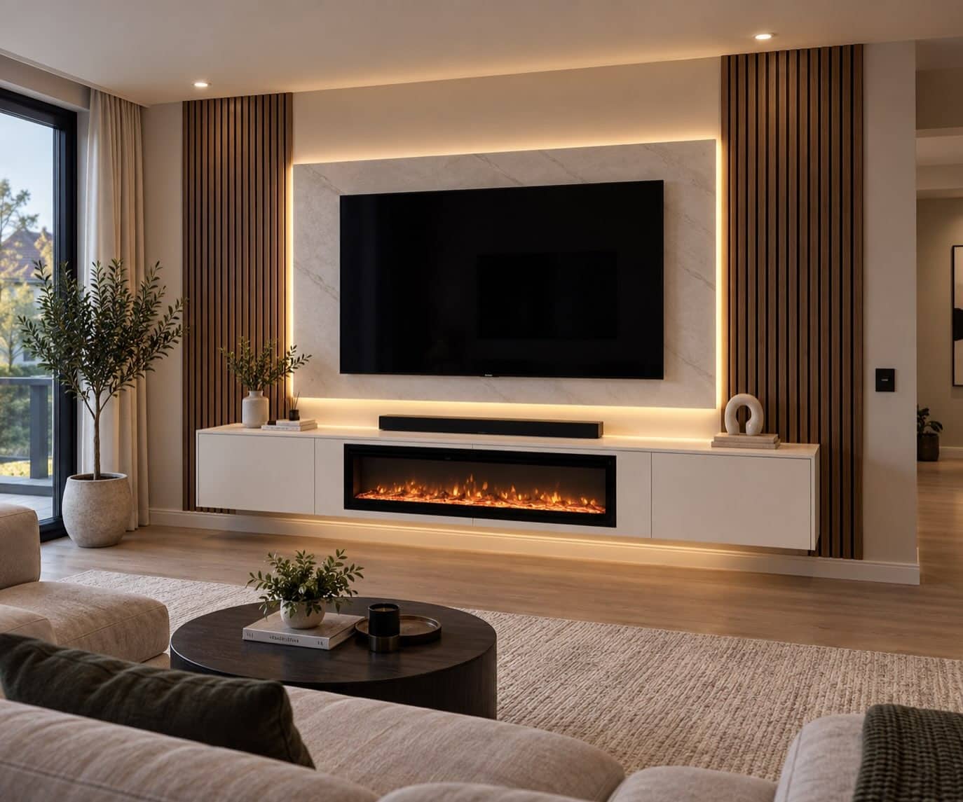 19. Elegant White Entertainment Center with Marble TV Panel - living room entertainment center ideas