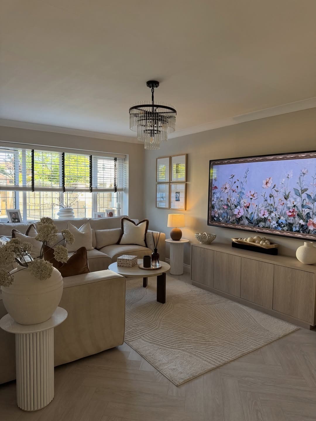 20. Chic Greige Entertainment Center with Ribbed Storage Cabinet - living room entertainment center ideas