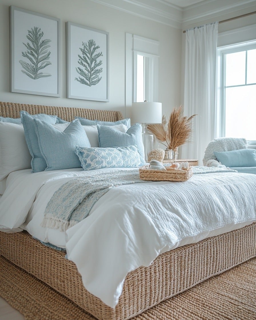 1. Soft Aqua and White Coastal Bedroom with Woven Textures - aqua bedroom ideas
