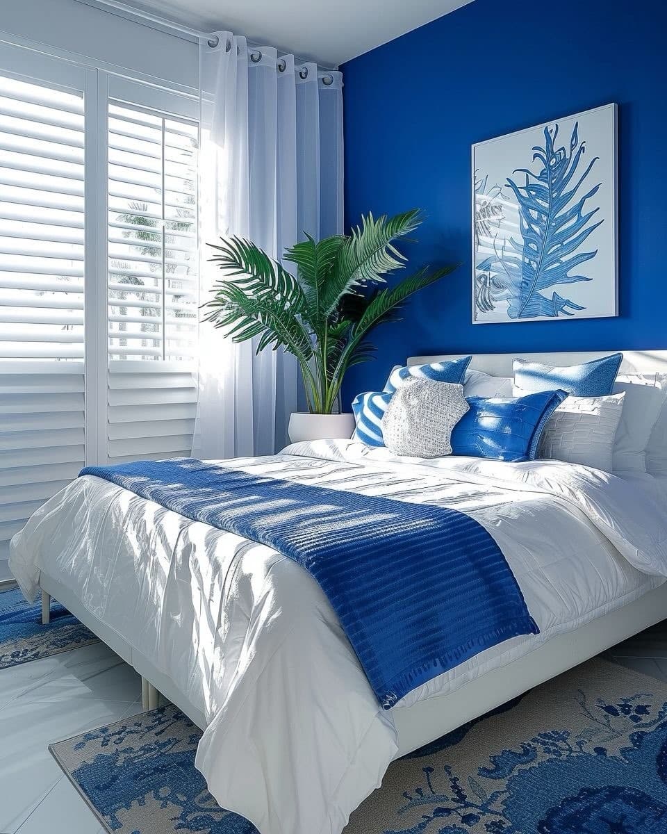 2. Bold Aqua Blue Accent Wall Bedroom with White Bedding - aqua bedroom ideas