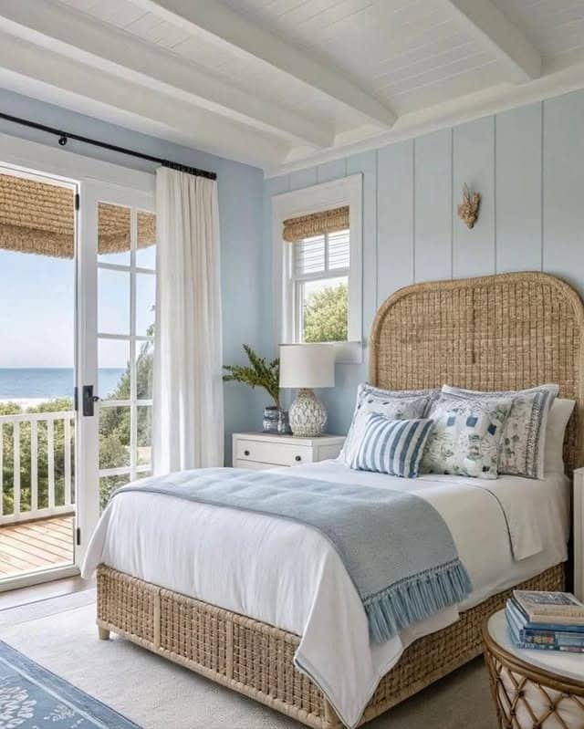 3. Pale Aqua Coastal Cottage Bedroom with Rattan Furniture - aqua bedroom ideas