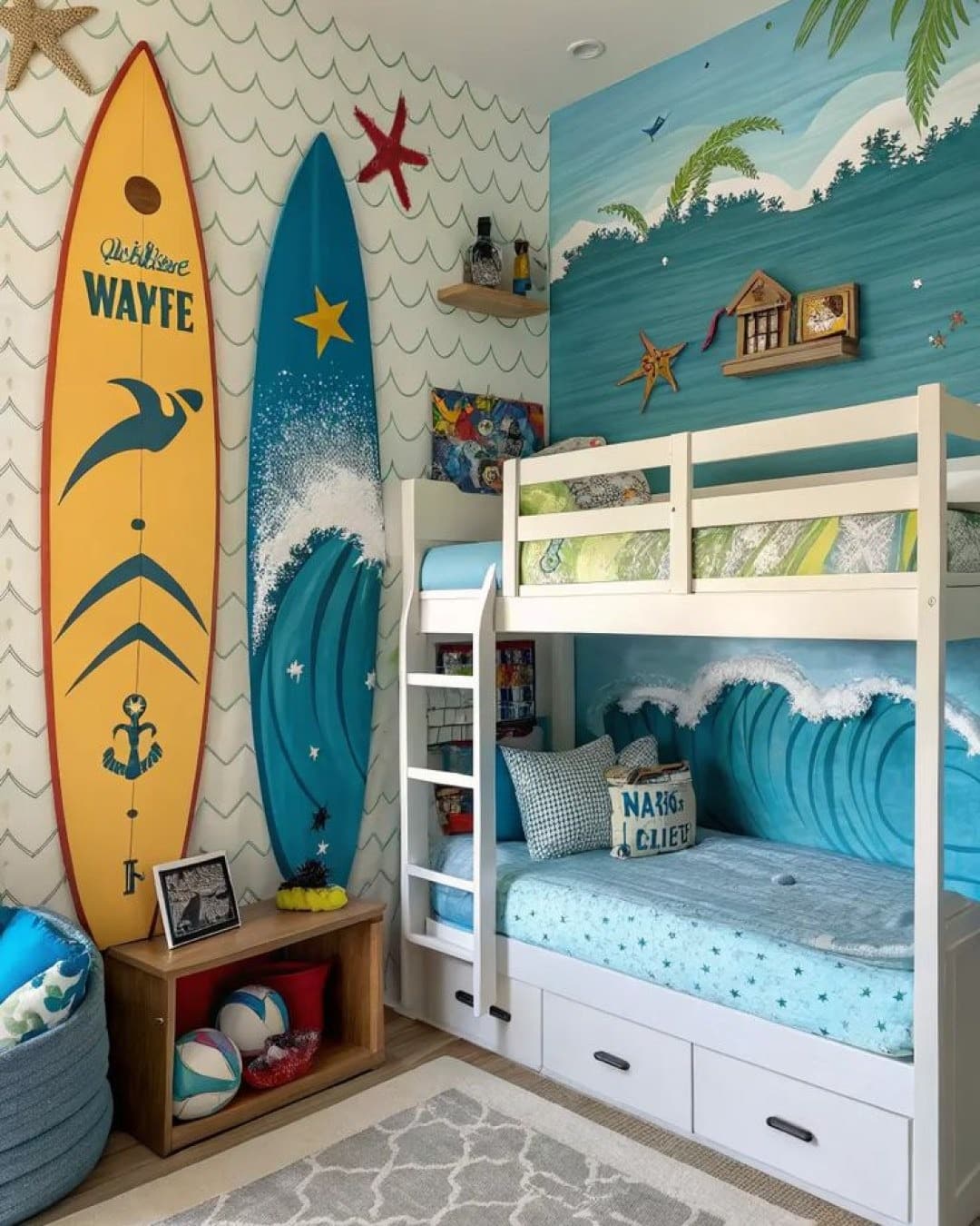 4. Playful Aqua and Turquoise Surf-Themed Kids Bedroom - aqua bedroom ideas