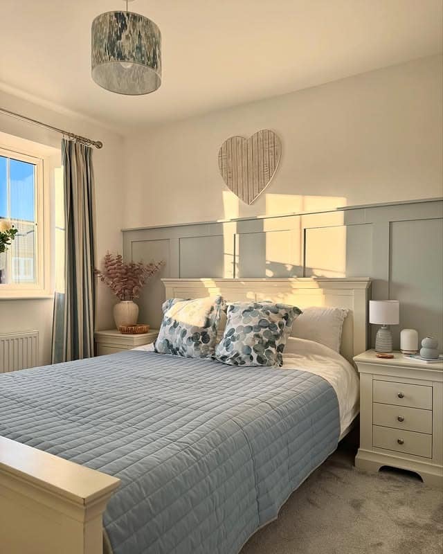 7. Subtle Aqua and Cream Bedroom with Classic Wall Paneling - aqua bedroom ideas