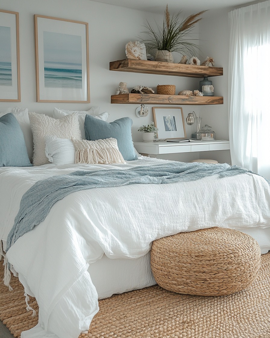 8. Light Aqua and White Beach Bedroom with Rustic Wood Shelves - aqua bedroom ideas