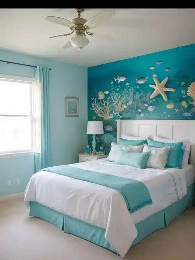 9. Tropical Aqua and White Bedroom with Underwater Wall Mural - aqua bedroom ideas