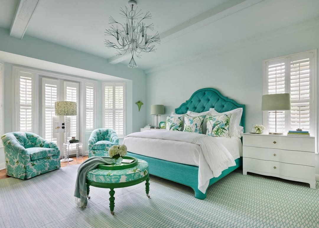 10. Sophisticated Aqua and Green Bedroom with Floral Accents - aqua bedroom ideas