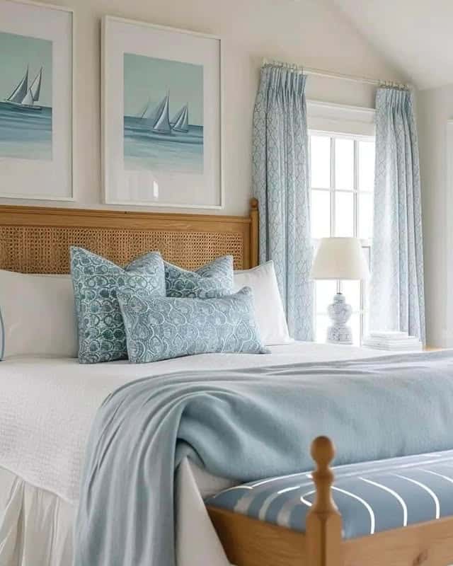 12. Soft Aqua and White Coastal Bedroom with Rattan Headboard - aqua bedroom ideas