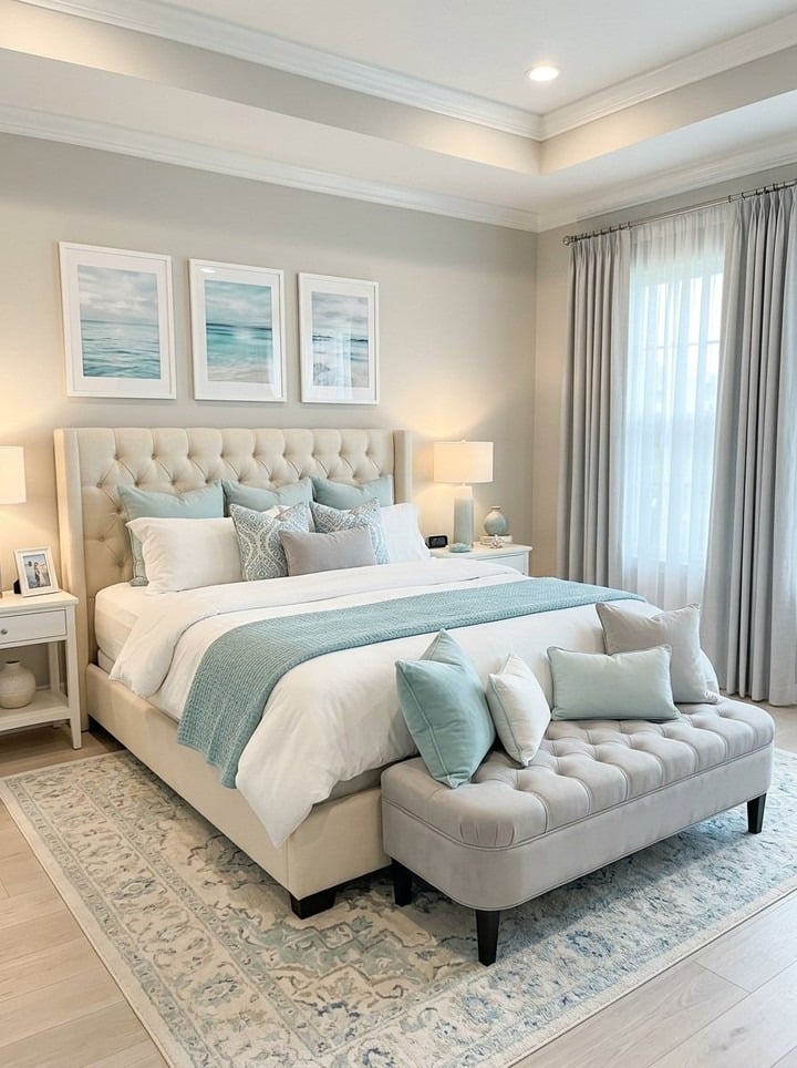 13. Elegant Pale Aqua and Cream Bedroom with Tufted Furniture - aqua bedroom ideas
