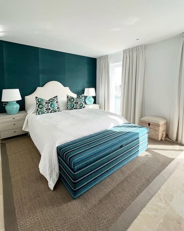 16. Deep Aqua and White Modern Bedroom with Striped Bench - aqua bedroom ideas