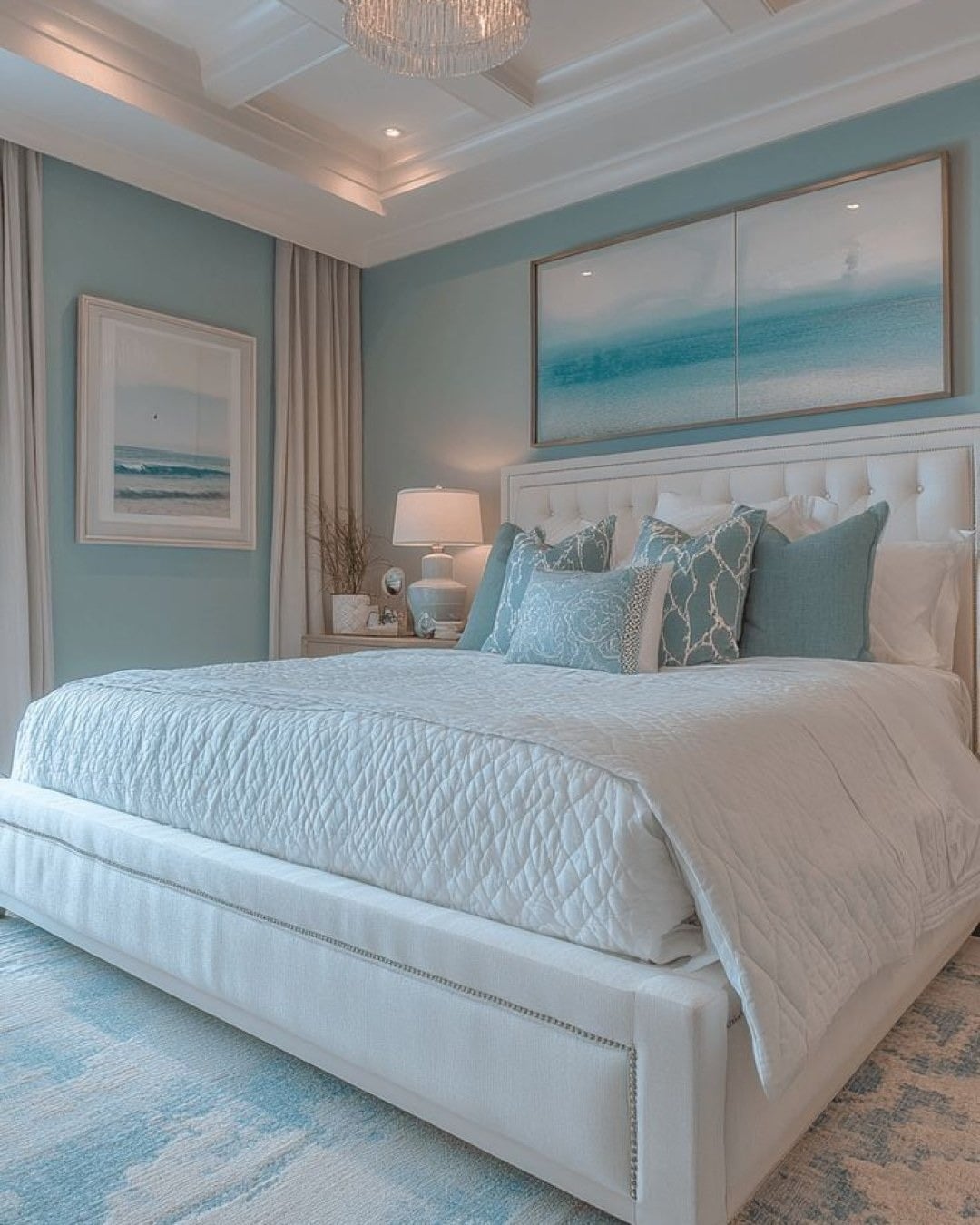 17. Light Aqua and White Luxury Bedroom with Ocean Artwork - aqua bedroom ideas