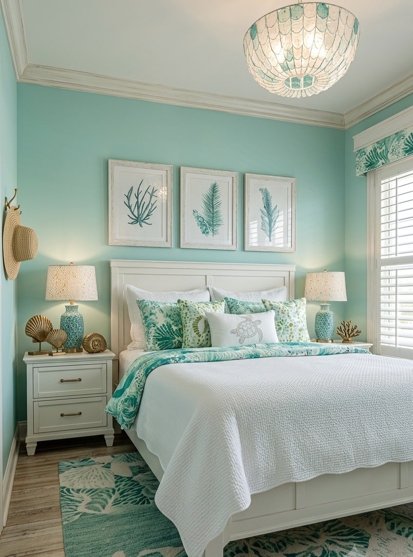 18. Tropical Aqua and White Bedroom with Botanical Wall Art - aqua bedroom ideas