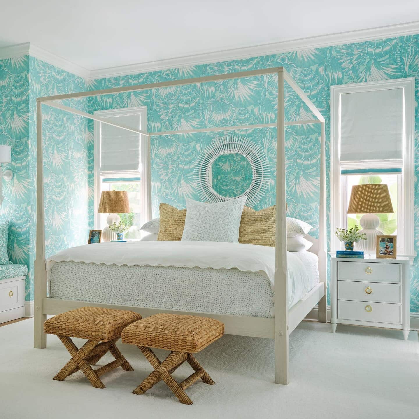 19. Bright Aqua and White Bedroom with Tropical Wallpaper - aqua bedroom ideas