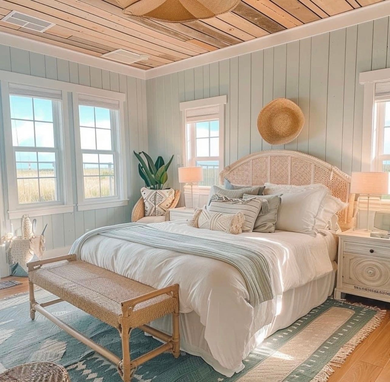 20. Rustic Pale Aqua Coastal Bedroom with Wicker Headboard - aqua bedroom ideas