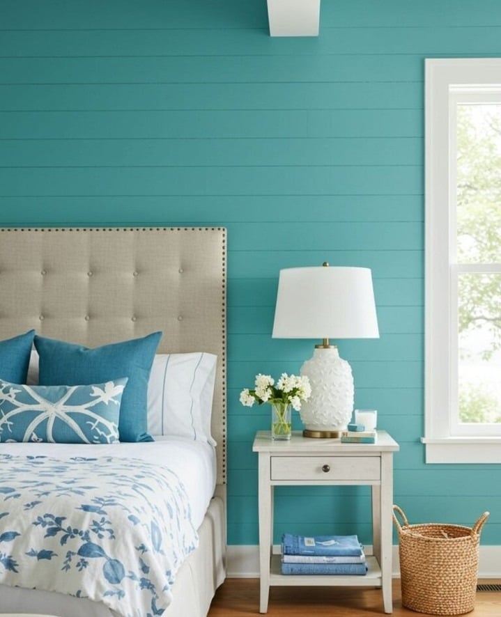 21. Vibrant Aqua and White Coastal Bedroom with Shiplap Accent Wall - aqua bedroom ideas