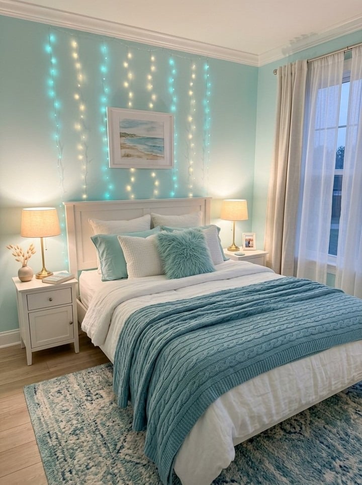 22. Soft Aqua and White Cozy Bedroom with Twinkling Fairy Lights - aqua bedroom ideas